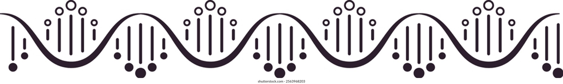 Stylized dna double helix rotating and forming a complex structure with circles and vertical lines, representing genetic code and biological research