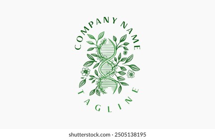 A stylized DNA double helix surrounded by green foliage and flowers in a circular logo design.