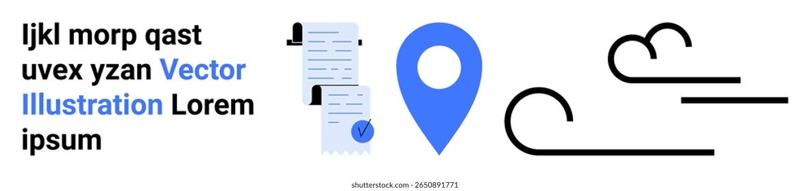 Ícone de documento estilizado, pino de local azul e linhas de nuvem abstratas pretas. Ideal para infográficos, web design, guias de usuário, blogs de viagem, apresentações, materiais educacionais, arte digital.