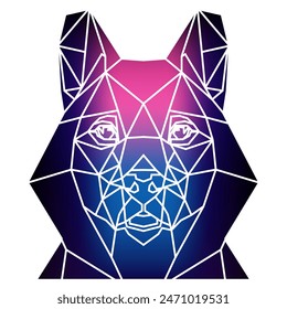 Cabeza de perro estilizada un estilo geométrico de triángulos y diferentes colores de gradiente con un fondo blanco, líneas blancas. Arte vectorial, sots art, bajo poli, cubo-futurismo, pegatina, avatar de dibujos animados, logotipo animal