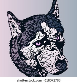 stylized dog portrait in blue and violet