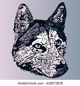 stylized dog portrait in blue and violet