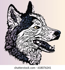 stylized dog portrait in blue and violet