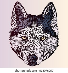 stylized dog portrait in blue and violet