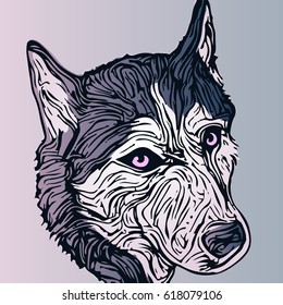 stylized dog portrait in blue and violet