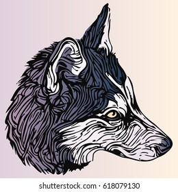 stylized dog portrait in blue and violet