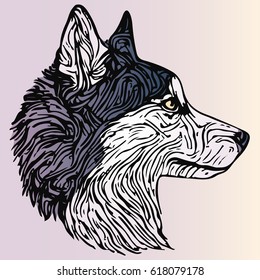 stylized dog portrait in blue and violet