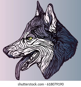 stylized dog portrait in blue and violet