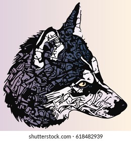 stylized dog portrait in blue and violet