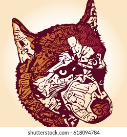 stylized dog portrait in orange and yellow
