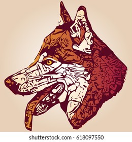 stylized dog portrait in orange and yellow