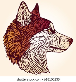 stylized dog portrait in orange and yellow