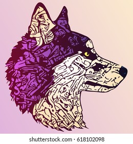 stylized dog portrait in purple and yellow