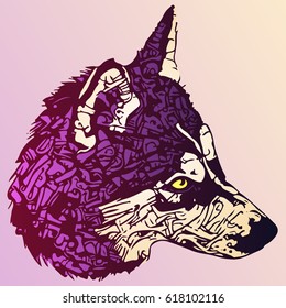 stylized dog portrait in purple and yellow