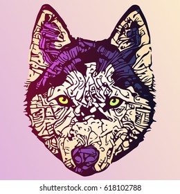 stylized dog portrait in purple and yellow
