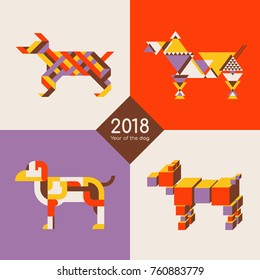 Stylized dog set. Happy New Year greeting card. 2018 calendars or postcards. Simple design for promotion or brochures. Vector illustration