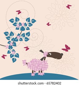 Stylized dog walking in the garden - vector illustration