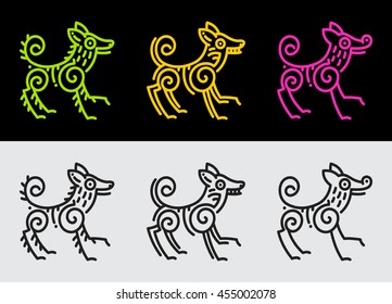 Stylized dogs set in ancient rock painting style.