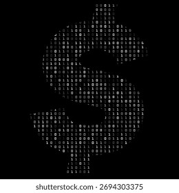 Stylized dollar sign formed by glowing binary code 0, 1 on a black background. Represents digital finance, cybersecurity, blockchain technology, and data encryption concepts.