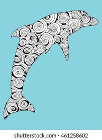 Stylized dolphin. Dolphin jump. Sea fish. Ornamental. Line art. Black and white drawing by hand. Tattoo. Doodle.