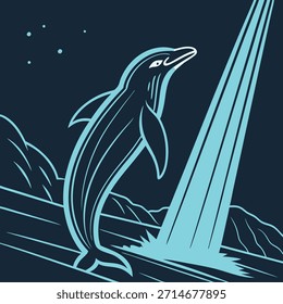 Stylized Dolphin Leaping from Water with Mountain Scenery and Stars Keywords: dolphin, leaping, jumping, water, ocean, sea, marine, animal