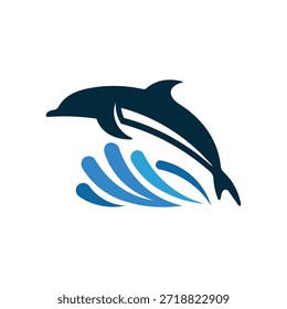 Logotipo estilizado de golfinho saltando nas ondas do oceano simboliza liberdade, inteligência e vida marinha