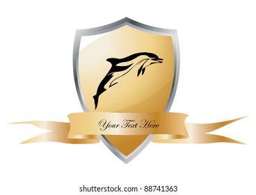 stylized dolphin on golden and steel heraldic shield  with golden banner place for custom text