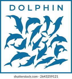 Estilizado grupo de siluetas de delfines con texto