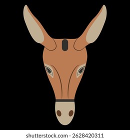 Cabeça de burro estilizada. Máscara animal da Grécia Antiga. Em fundo preto.