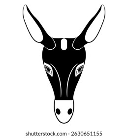 Cabeça de burro estilizada. Máscara animal da Grécia Antiga. Silhueta em preto e branco.