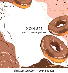 Stylized donuts on an abstract background. Chocolate donut. Card, banner, poster, sticker, print, advertising material. Vector illustration.