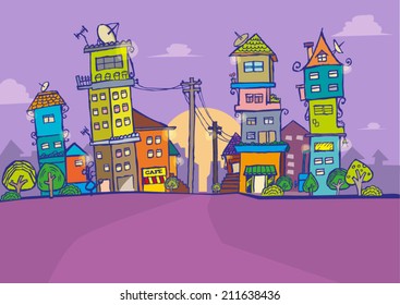 Stylized Doodle art of a Sleepy City in the Early morning 