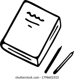 Stylized doodle book or notebook with pencil and pen. Hand-drawn vector sketch illustration. Black outlines isolated on a white  background.