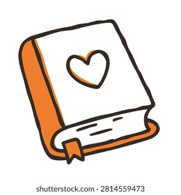 A stylized doodle of a book with an orange cover featuring a simple heart icon and a bookmark, isolated on a plain background