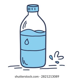 A stylized doodle of a clear plastic water bottle filled with blue liquid featuring water droplets and splashes in a simple artistic line art style