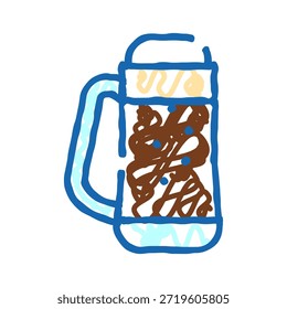 Stilisierte Doodle-Zeichnung, die ein erfrischendes dunkles Getränk mit Schaum darstellt und ein abstraktes Muster in einem durchsichtigen Glasbecher schafft, die beiläufige Ikonographie und einfache Grafiken veranschaulicht