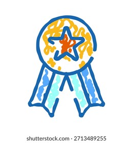 Dibujo de doodle estilizado que representa una cinta de premio de estrella con contornos azules y vibrantes colores amarillo, naranja y azul, que ilustra conceptos de logro, éxito y reconocimiento