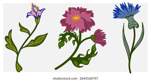 Stylized doodle flower inspired by nature, flat illustration, botanical motifs
