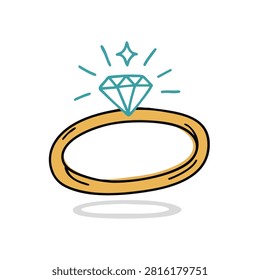 A stylized doodle of a gold ring with a sparkling diamond gemstone, rendered in a colorful hand drawn cartoon style.