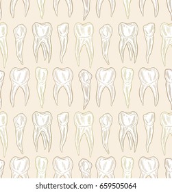 Stylized doodle hand drawn outline teeth seamless pattern. Healthy tooth background.  Decorative oral dental hygiene vector illustration