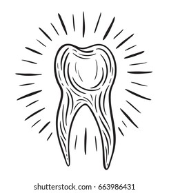 Stylized doodle hand drawn outline tooth with shining lights effect. Healthy background. Decorative oral dental hygiene vector illustration. Children teeth care