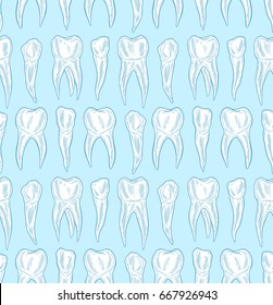 Stylized doodle hand drawn outline teeth seamless pattern. Healthy tooth background.  Decorative oral dental hygiene vector illustration