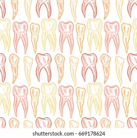 Stylized doodle hand drawn outline teeth seamless pattern. Healthy tooth background.  Decorative oral dental hygiene vector illustration