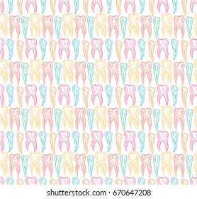 Stylized doodle hand drawn outline teeth seamless pattern. Healthy tooth background.  Decorative oral dental hygiene vector illustration