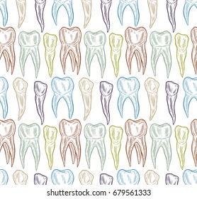 Stylized doodle, hand drawn outline of teeth. A seamless tooth pattern background. Decorative oral dental hygiene vector illustration