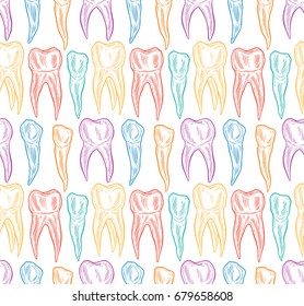 Stylized doodle, hand drawn outline of teeth. A seamless tooth pattern background. Decorative oral dental hygiene vector illustration