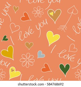 Stylized doodle hearts, chamomile flower seamless pattern in green, orange and yellow colors. Vector ornament, Valentines day sketch.