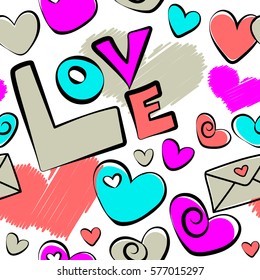 Stylized doodle hearts and love letter seamless pattern in magenta and pink colors. Vector ornament over a white background. Valentines day sketch.