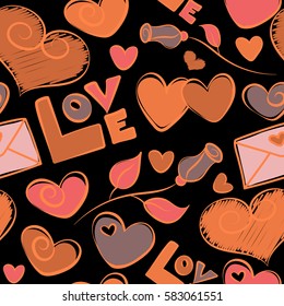 Stylized doodle hearts and love letter seamless pattern in pink and orange colors. Vector ornament over a black background. Vector illustration.