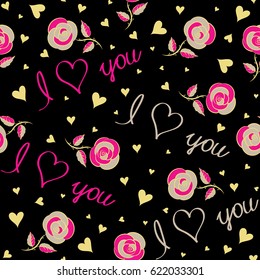 Stylized doodle hearts and love letter seamless pattern in magenta, beige and yellow colors. Vector ornament over a black background. Valentines day sketch.
